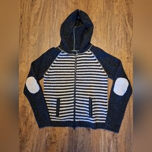 Zippered Cardigan Hoodie Sweater w/ Pockets- Striped w/ Patch on Elbows- Sz L